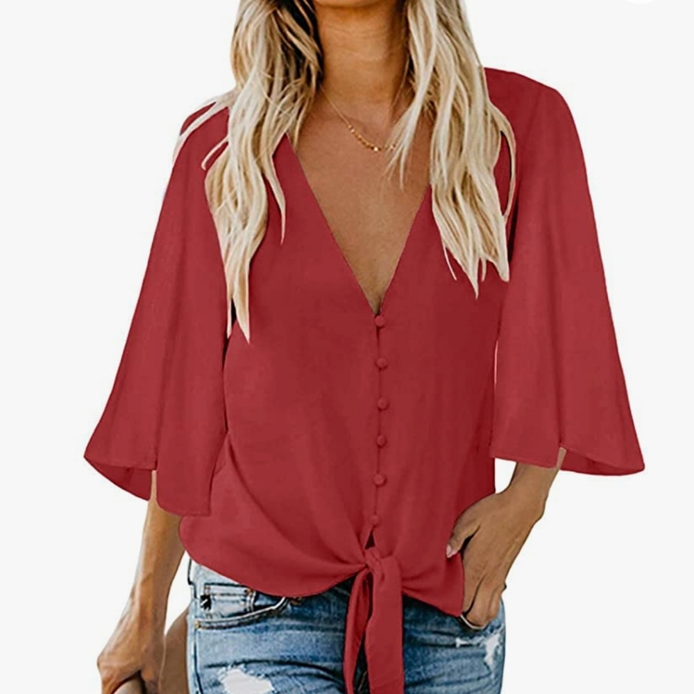 Coral V-neck Button Front Chiffon Blouse